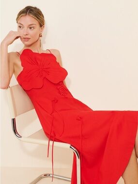 FARM Rio Red Floral Appliqué Midi Dress
